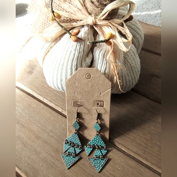 Sculptural, Triangular Tiered Copper tone Dangle Earrings - Picture 5 of 11